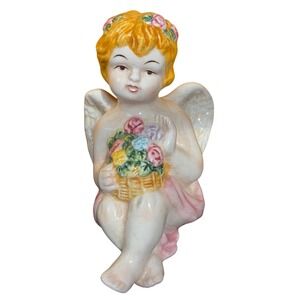 Vintage Ceramic Angel Cherub Holding Flower Basket Hand Painted salt shaker